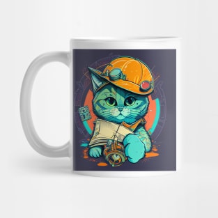 Catswithhardhats A curious and playful cat wearing a hard hat and holding a blueprint Mug